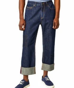 Sun + Stone Mens Dark Wash Patchwork Straight Leg Jeans